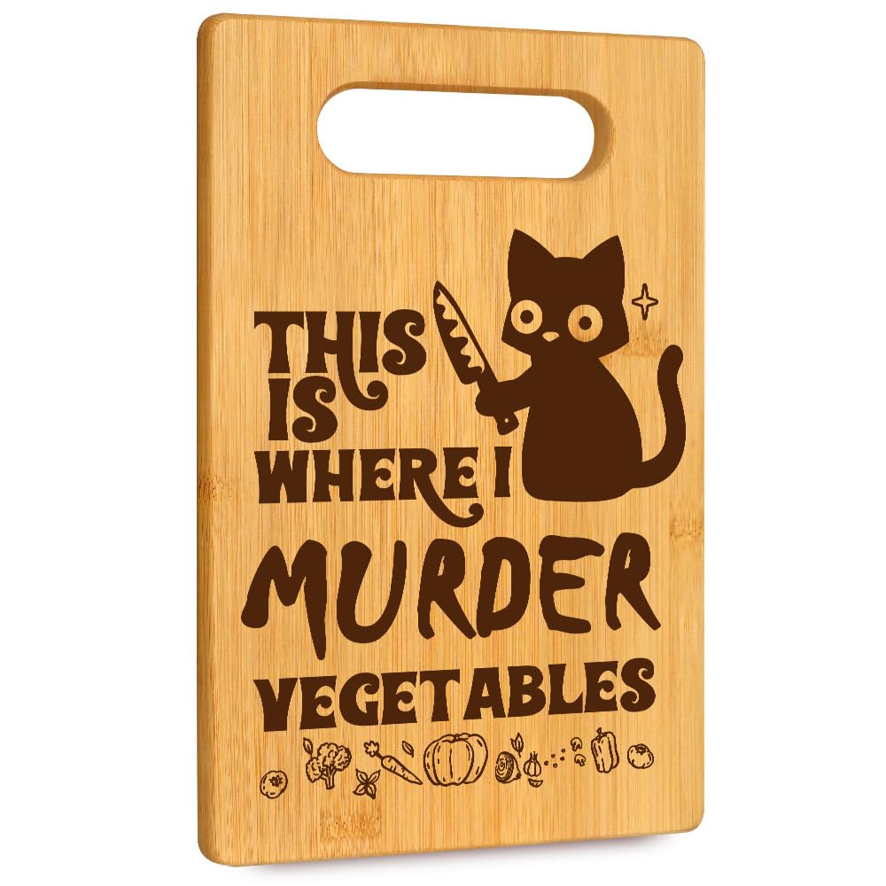 Funny Black Cat Gifts for Women Cat Mom Kitten Lovers Dietitian Friends, This is Where I Murder Vegetable Bamboo Cutting Board for Kitchen, Birthday Mothersday Thank You Gifts for Home Decor