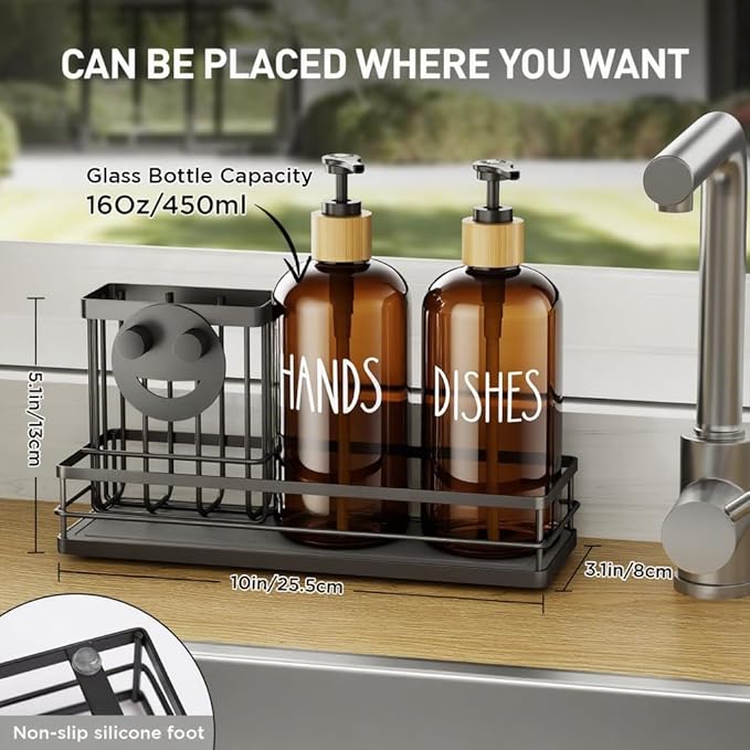 Moforoco Kitchen Dish Soap Dispenser Set, 16OZ Glass Bottle, Hand and Dish Soap