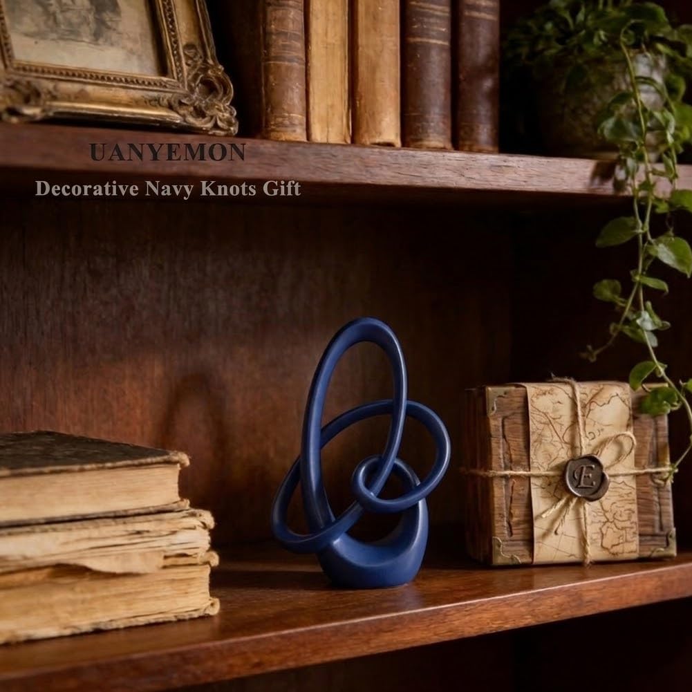 Modern Blue Knots Decor - 7.1" Resin Blue Knot Statue, Abstract Navy Art Sculpture Home Decor for Living Room, Coffee Table, Shelves, Entryway, Office Tabletop Accent, Decorative Knick Knacks Gift