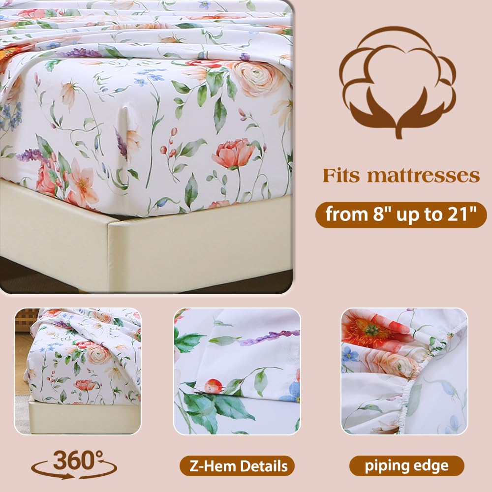 MUXHOMO King Size 4 Piece Sheet Set, Soft & Breathable Sheet Set for Bedroom with Deep Pocket Up to 16", Wrinkle-Free & Cooling Bed Sheets with Flat Sheet, Fitted Sheet & Pillowcases - Blooming Rose
