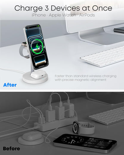 3 in 1 Magnetic Wireless Charging Station, 15W Fast Charger Stand for iPhone, Phone Charger Stand for Desk Nightstand, Compatible with iPhone 17/16/15/14, Apple Watch & AirPods, Adapter Not Included