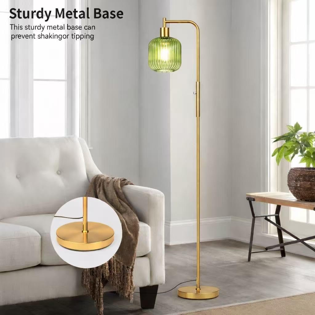 Ruiever Glass Floor Lamp for Living Room, Dimmer Standing Lamp with Green Ribbed Lampshade,66” Tall Lamp & Gold Floor Lamp for Bedroom Study Room,Brushed Gold (Drum Green Glass Shade)