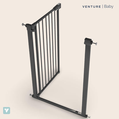 Venture Q-Fix 110cm, 73-80cm wide pressure fit baby gate extra tall safety gate for stairs. Easy Assembly Toddler and pet safety gate. 90° two way open, auto close. (BLACK, QFIX GATE 73-80)