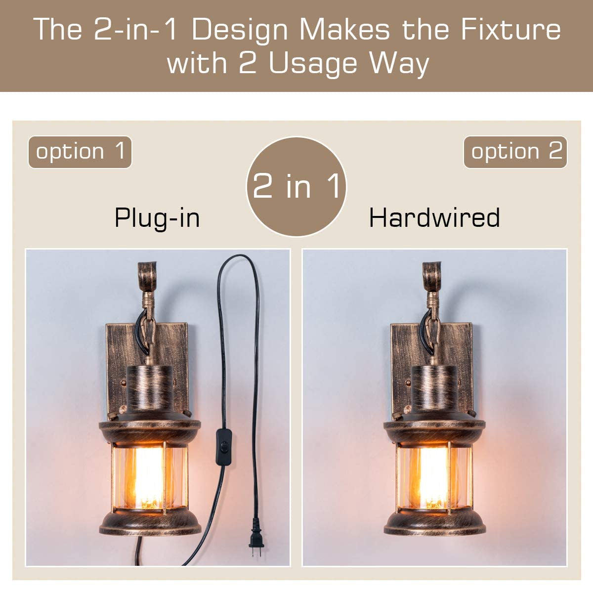 Yisuro Rustic Wall Light, 2-in-1 Antique Bronze Vintage Wall Light Fixture Plug in Industrial Glass Shade Lantern Lighting Retro Lamp Metal Wall Sconce for Home Bedroom Dining Room café(1 Pack)