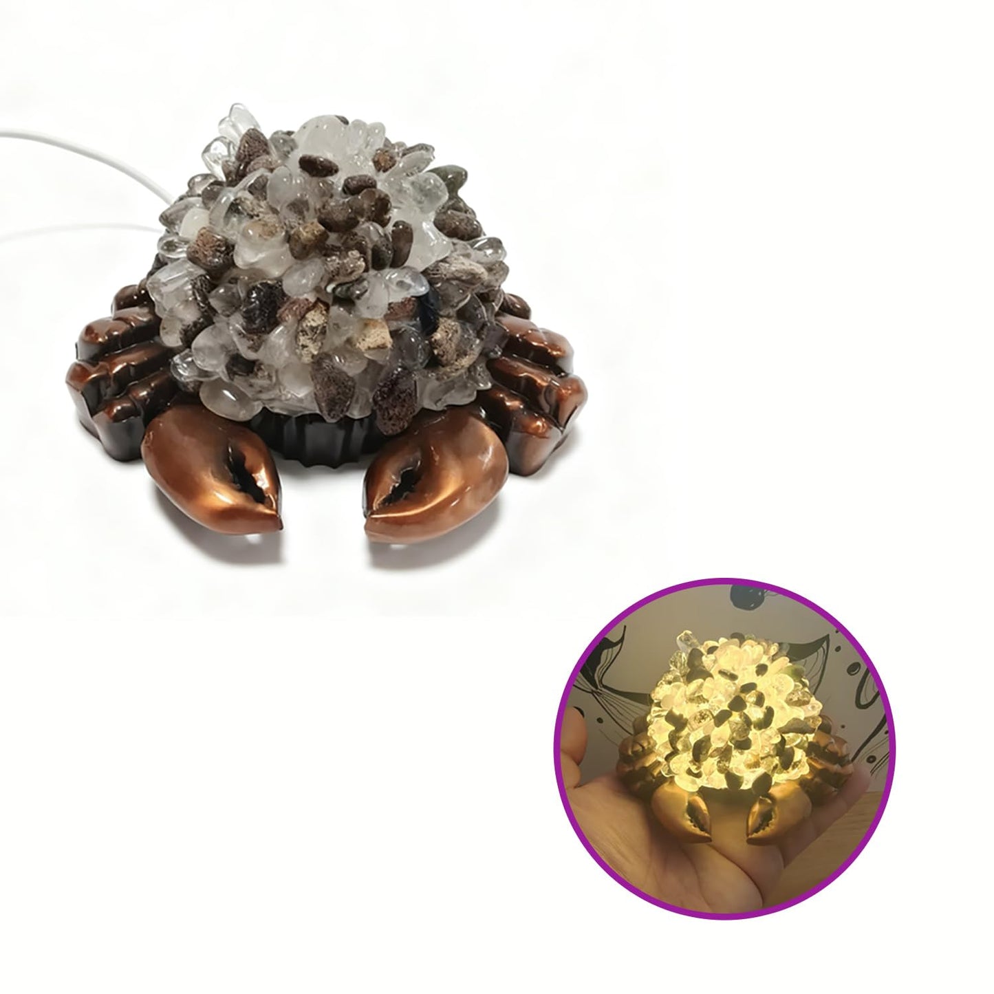 Youhot Handcrafted Green Phantom Quartz Crystal Crab Table Lamp, USB Powered, 3 Light Modes, Bronze Shell Design, Healing Stone Decor for Home & Office