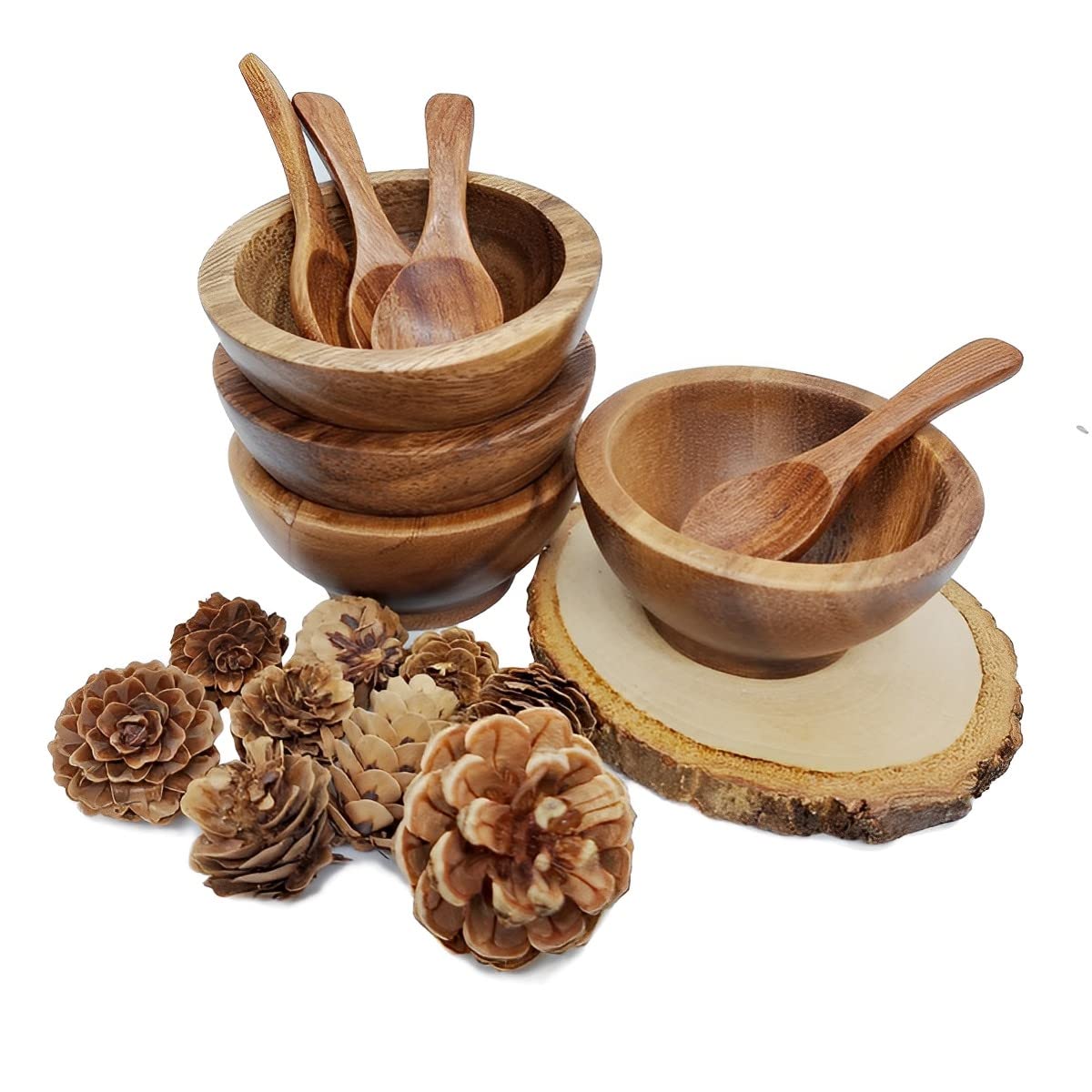 BestySuperStore Set of 4 Small Round Acacia Wooden Bowls 2⅞ Inch Diameter With Spoons - Stackable Mixing Bowl for Salad Soup Snack Salsa Dip Sauce Charcuterie Wood Tableware Sets for Decor and Serving
