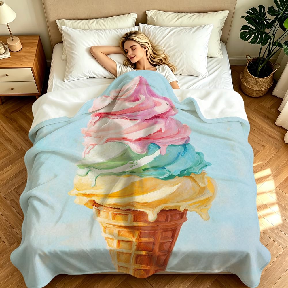 GXYAOYZG Rainbow Ice Cream Throw Blanket Swirl Cone Flannel Soft Cozy Colorful Summer Dessert Art for Couch Bed Sofa Gift Kids Girls Women Sweet Tooth (49" x 59")