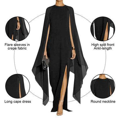 MAYFASEY Women's Flare Chiffon Sleeve High Split Formal Evening Gown Maxi Dress with Cape Black XL