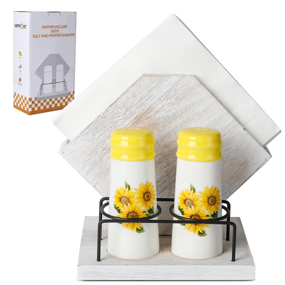 Rustic Farmhouse Napkin Holder Set - Natural Wood Kitchen Organizer with Sunflower 2 Salt & Pepper Shakers for Countryside Dining & Minimalist Home Decor (Gift Ready)