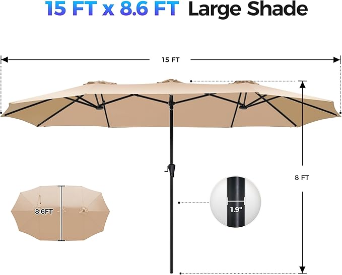 SUPERJARE 15FT Outdoor Umbrella for Patio, Double sided Pool Umbrellas with Fade Resistant Canopy, Large Table Umbrella for Deck, Market, Backyard - Beige