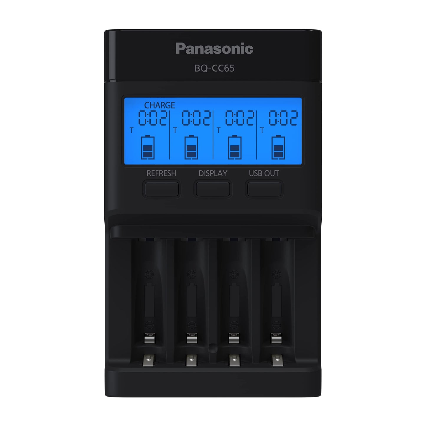 Panasonic BQ-CC65AKBBA Super Advanced eneloop pro and eneloop 4-Position Quick Charger with LCD Indicator Panel and USB Charging Port, Black