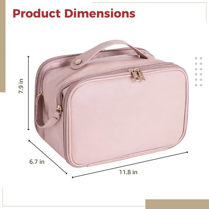 DORMIYA Travel Makeup Bag for Women, Large Capacity Cosmetic Organizer, Multi-Layer Toiletry Bag with Handle, Waterproof PU Leather Portable Makeup Zippered Case with Standing Brush Holder