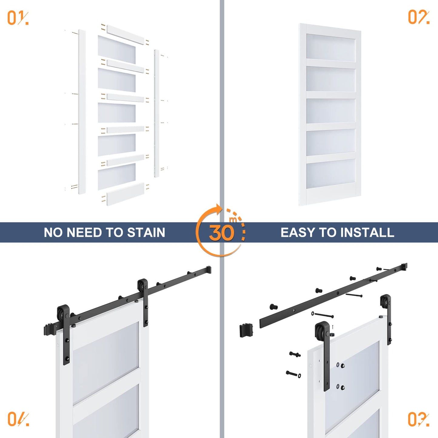 ROYMELO 42x84 Inch Glass Sliding Barn Door Slab and 7ft Hardware Kit Included, 5 Frosted Glass, LVL Wood Panel Covered with White Water-Proof Scratch-Proof PVC Surface, Simple DIY Assembly