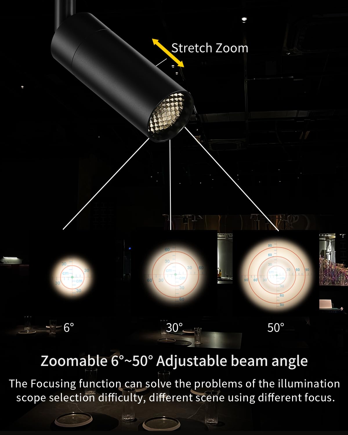 Gpaillumic LED Zoomable Ceiling Spotlight 7W Adjustable Beam Angle 6-50° Swivelable Angle CRI 97 Black Aluminum Accent Lamp for Corridor Mural Living Room - COB Chip