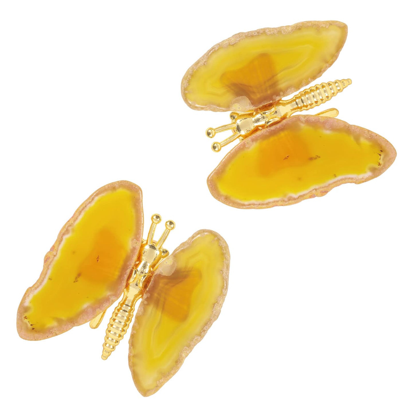Rockcloud Set of 2 Agate Slices Butterfly Decorative Ornament, Butterfly Stand Figurine Collection for Home Office Desktop Decor, Yellow