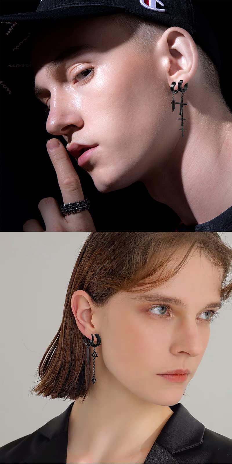 14 Pcs Black Goth Stainless Steel Non Pierced Fake Piercing Cross Feather Spike Awl Star of David Dangle Tassel Clip on Hoop Earrings Set Jewelry for Unisex