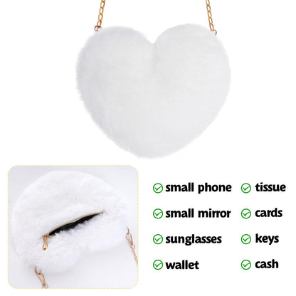 Miayon Heart Shaped Faux Fur Purse Fluffy Crossbody Shoulder Bag Cute Clutch Purses for Women Girls Halloween Christmas Valentine (White)