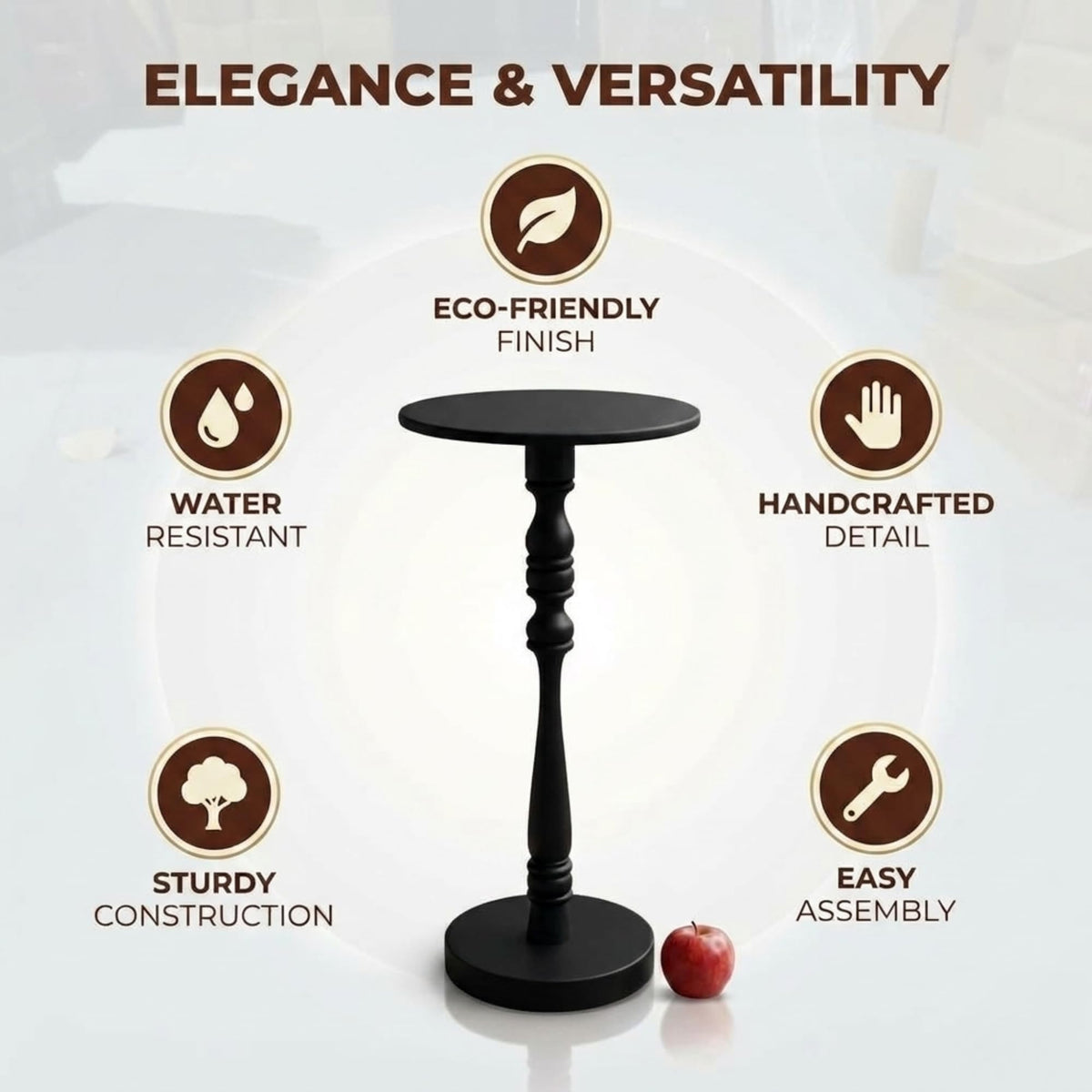 Relso Stambha Solid Wood Drink Table - 24" Tall Round Accent Side Table, Handcrafted Black Finish, Mango Wood, Perfect for Living Room, Bedroom or Indoor Plant Stand, 12" Compact Top
