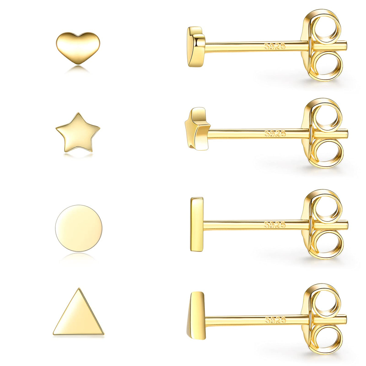 Sterling Silver Stud Earrings for Women Men- 4 Pairs of Hypoallergenic Simple Geometric Small Stud Earring Set Tiny Circle Triangle Heart Star Stud Earrings Mini Cartilage Tragus Earrings, Gold