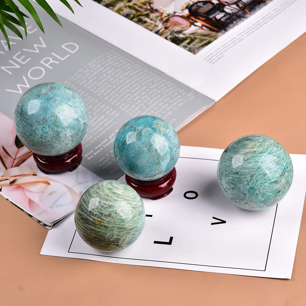 JIC Gem Natural Amazonite Crystal Ball with Wood Stand Gemstone Sphere,Polished Healing Energy Mineral Gemstone Balls for Reiki Chakra Decoration Fengshui (50-60mm)