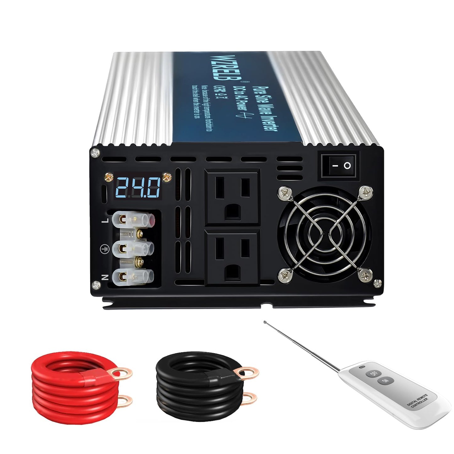 WZRELB 3500W Pure Sine Wave Inverter 24V DC to 110V 120V AC with LED Display,Remote Controller,Off-Grid Power Converter 7000W Surge with Dual AC Outlets, Hardwire Terminal for Home, RV, Truck, Camping