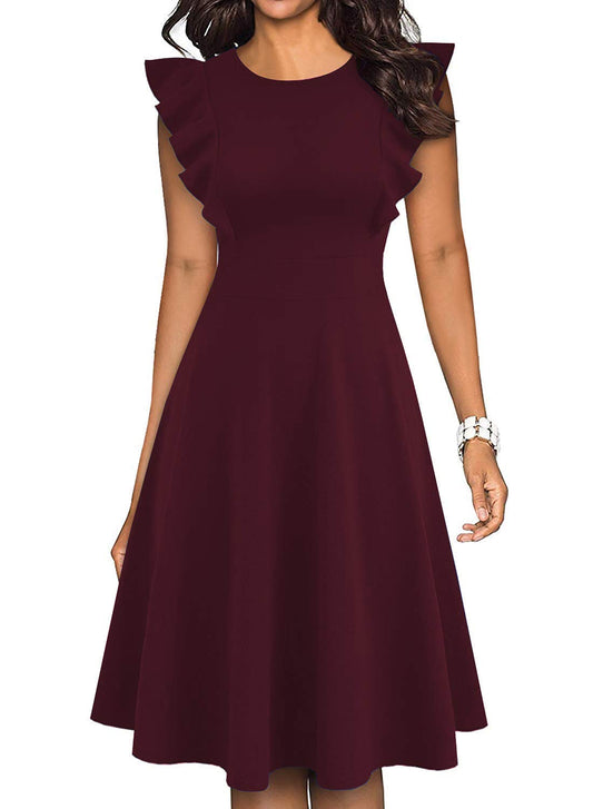 IHOT Women's Wedding Dress for Guests Vintage Ruffle Sleeve Crew Neck A Line Casual Midi Christmas Cocktail Party Work Dinner Formal Dresses with Pockets Wine Red X-Large