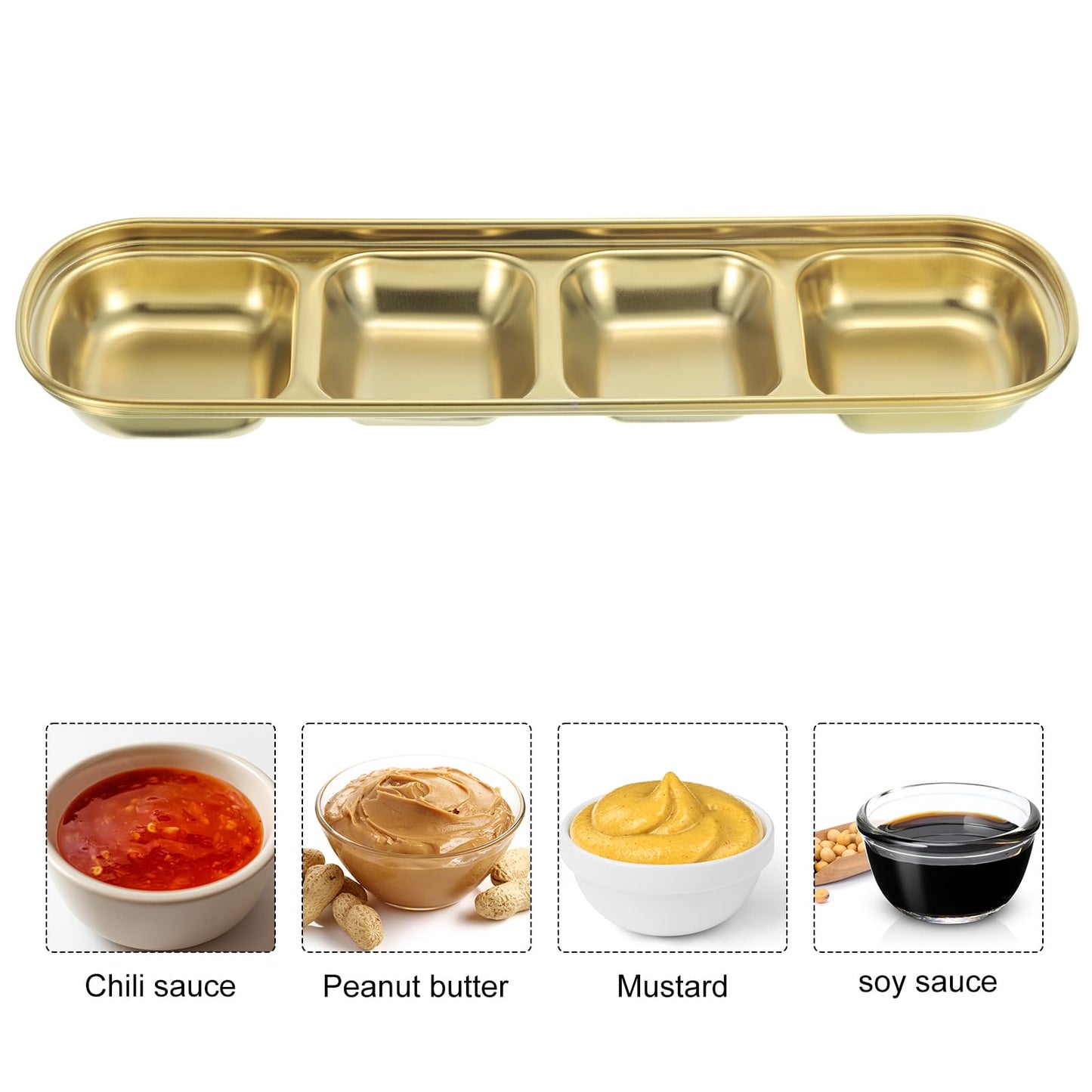uxcell 3 Pack Stainless Steel Sauce Dish Dipping Bowls with 4 Compartment Divided, Metal Seasoning Plate Dipping Bowl for Sauce or Dressing, Gold
