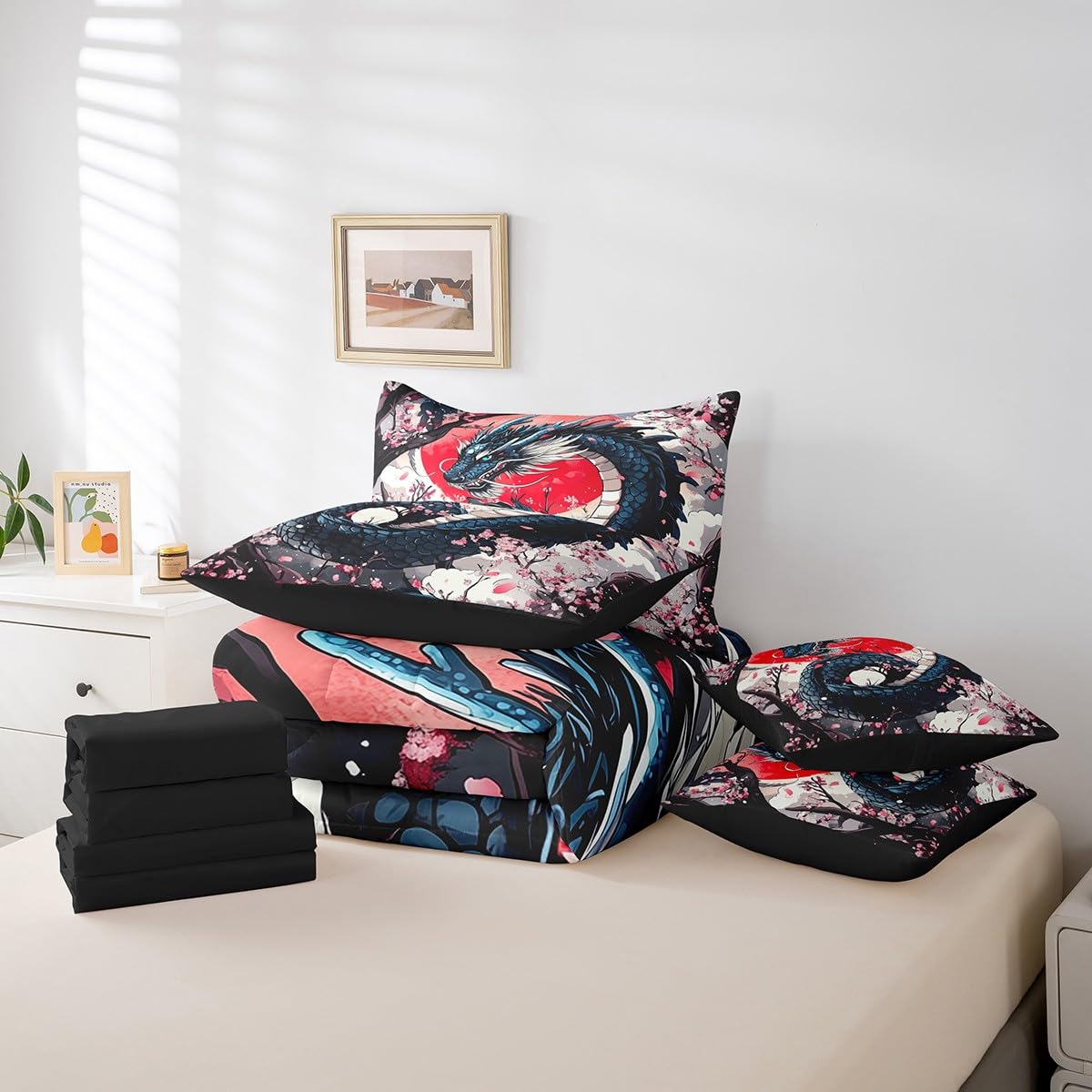 Erosebridal Japanese Dragon Queen Bedding Set 7 Piece,Pink Cherry Blossom Bed Set for Kids Boys Girls,Oriental Style Aesthetic Floral Bedding Comforter Sets with Fitted Sheet,Flat Sheet,Pillowcases