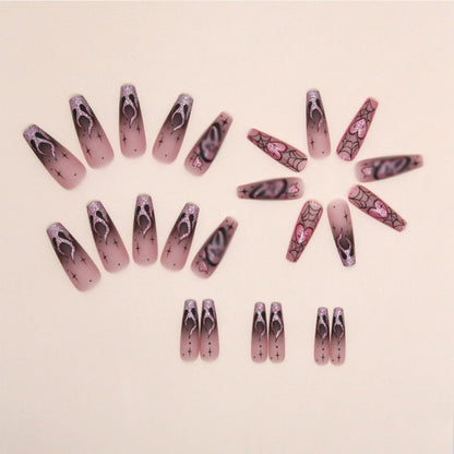 Halloween Press on Nails Long Coffin Fake Nails with Designs Cute Ghost False Nails Heart Flame Spider Skull Glue on Nails Full Cover Suqare Artificial Acrylic Stick on Nail for Women Girls 24 Pcs