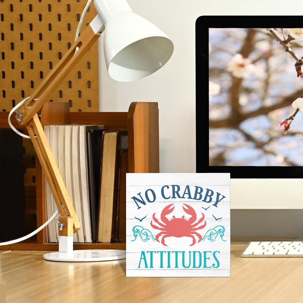 Pishovi No Crabby Attitudes Wooden Box Sign, Inspirational Phrase Decorative Plaque for Home Kitchen Bathroom Bar Café, Beach Theme Desk Plaque, Housewarming Gifts for Friend Coworker
