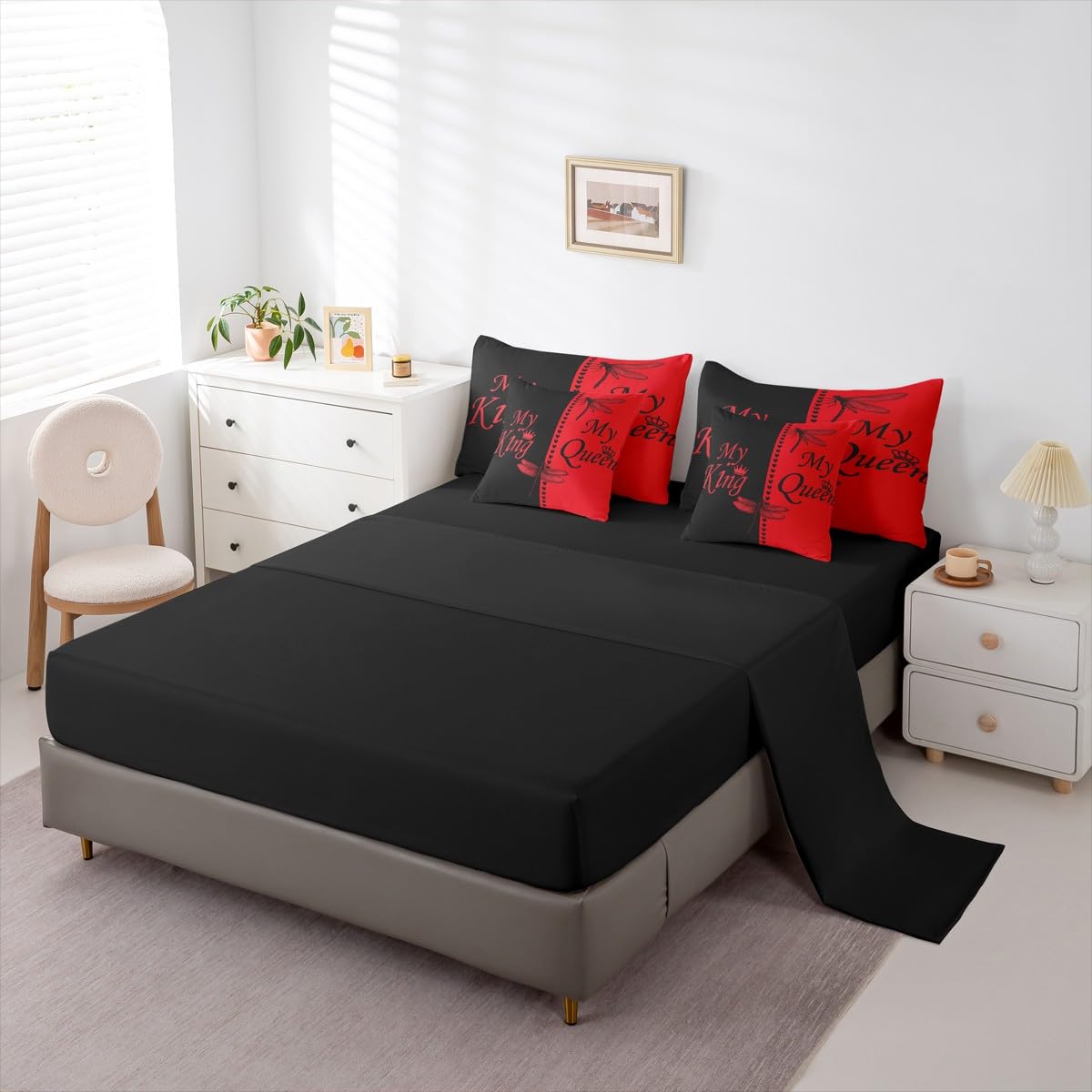 Dragonfly Bed in a Bag Queen Comforter Set 7 Piece | King and Queen Bedding Sets Couples Gifts for Men Women Comforter and Sheet Set, Aesthetic Red and Black Bed Sets,Valentines Day Decorations