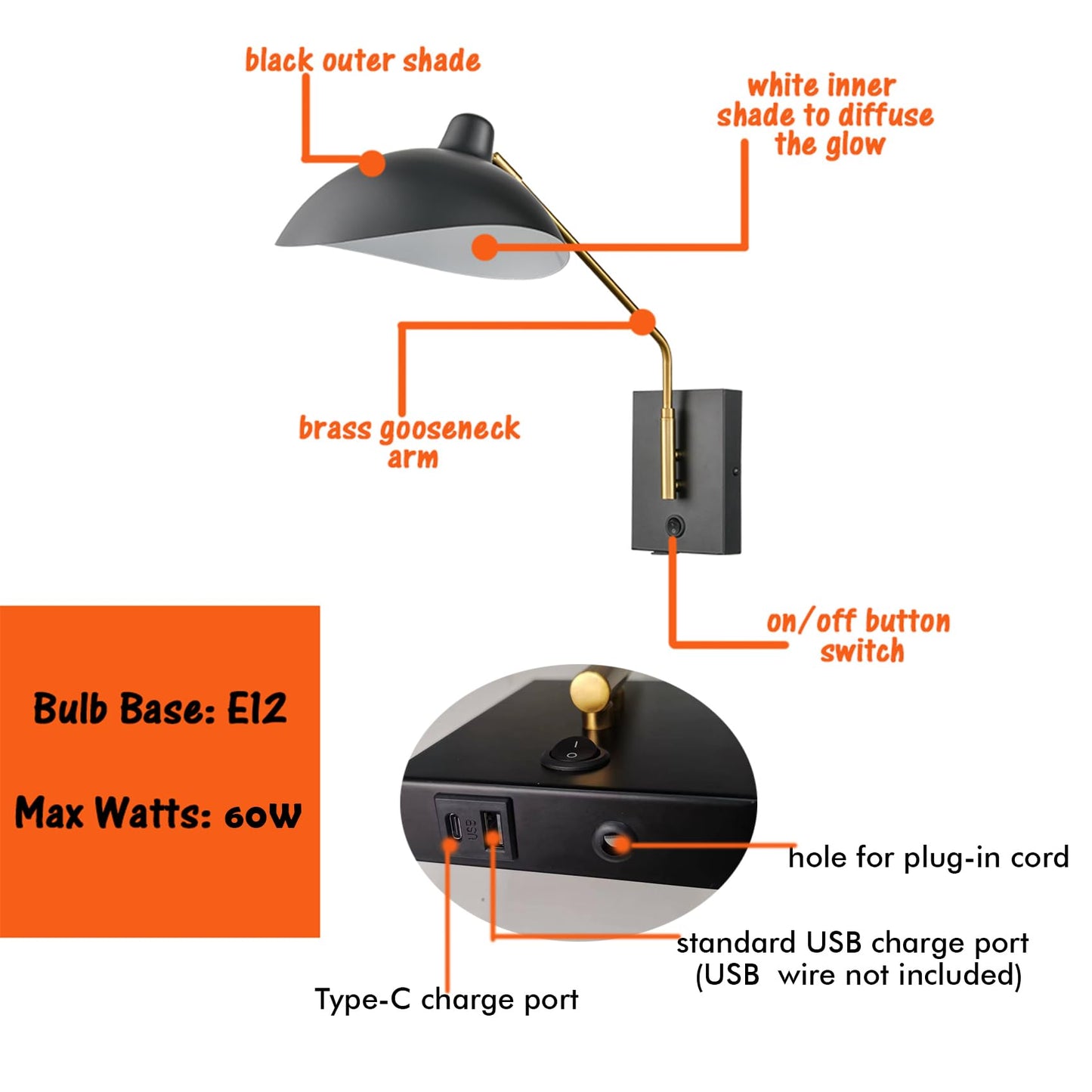 CLAXY Plug in Wall Sconces Swing Arm Wall Mounted Lighting Matte Black