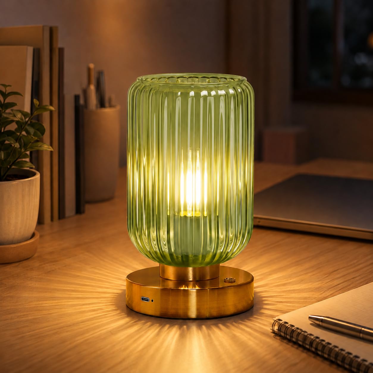 LightRound Cordless Table Lamp for Bedroom, 7500mAh Rechargeable Battery Operated Lamp, Modern Touch Dimmable Wireless Lamp Gold Base Green Glass Shade for Living Room, Desk, Led Bulb Included