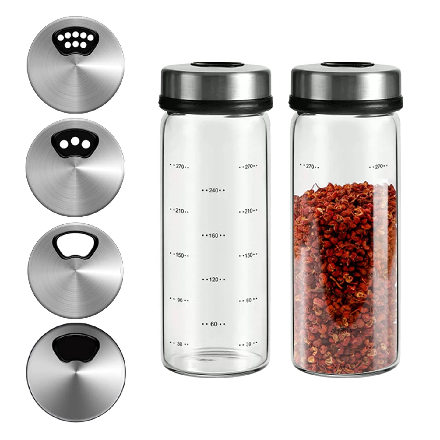 2-Piece 4-Neck Glass Seasoning Shakers - Moisture Resistant (300ml/10oz)