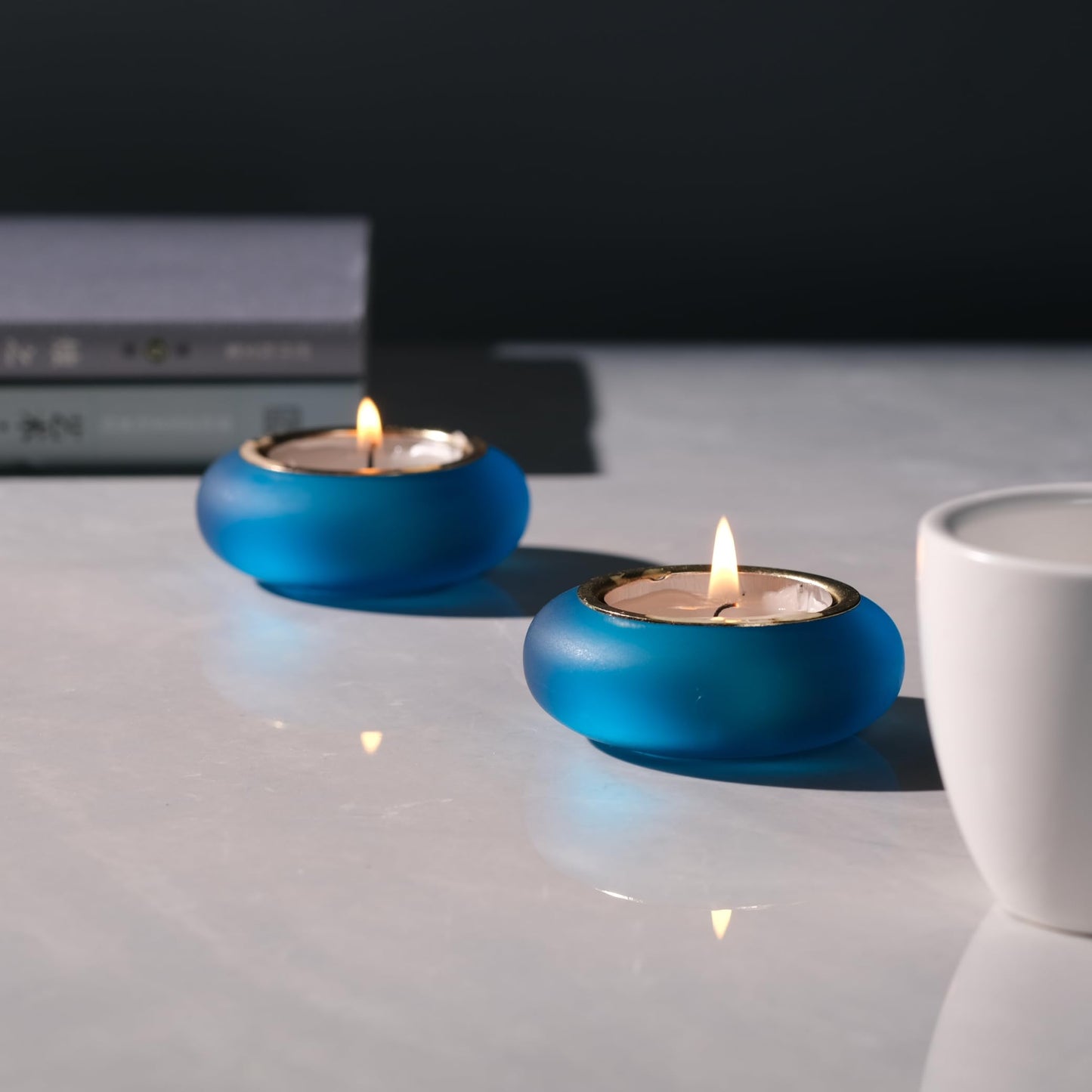 ICNBUYS Handmade Decorative Pebble Tealight Candle Holders Set of 2 - Handcrafted Home Decor Accent for Calming Earthy Aesthetic Peacock Blue Matte Finish Resin Diameter 2.6 inches