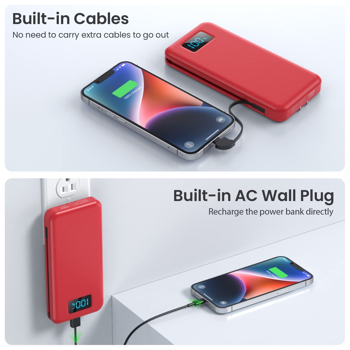 Portable Charger 50800mAh Power Bank with 3 Built in Cables,25W PD QC4.0 Fast Charging USB C Battery Pack,6 Outputs 2 Inputs Travel Essentials Portable Phone Charger for iPhone 17/16/15,Google,Android