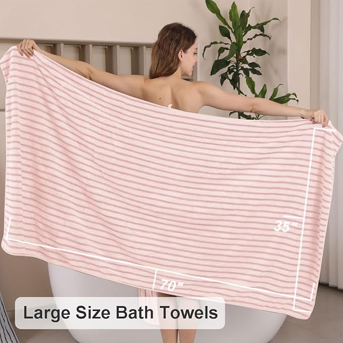 Oliven 8 Pcs Pink Cabana Stripe Large Bath Towels Set Oversized Bath Sheet-2