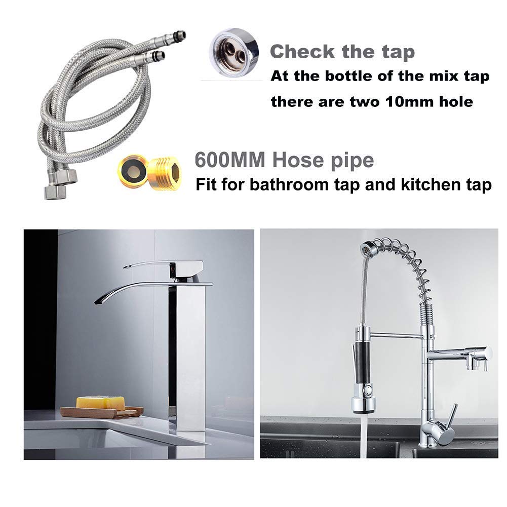 Pack of 2 Kitchen/Basin Monobloc Mixer Tap Connectors Flexi Pipes Tails British Standard Pipe M10 x1/2 Fitting 600mm Long