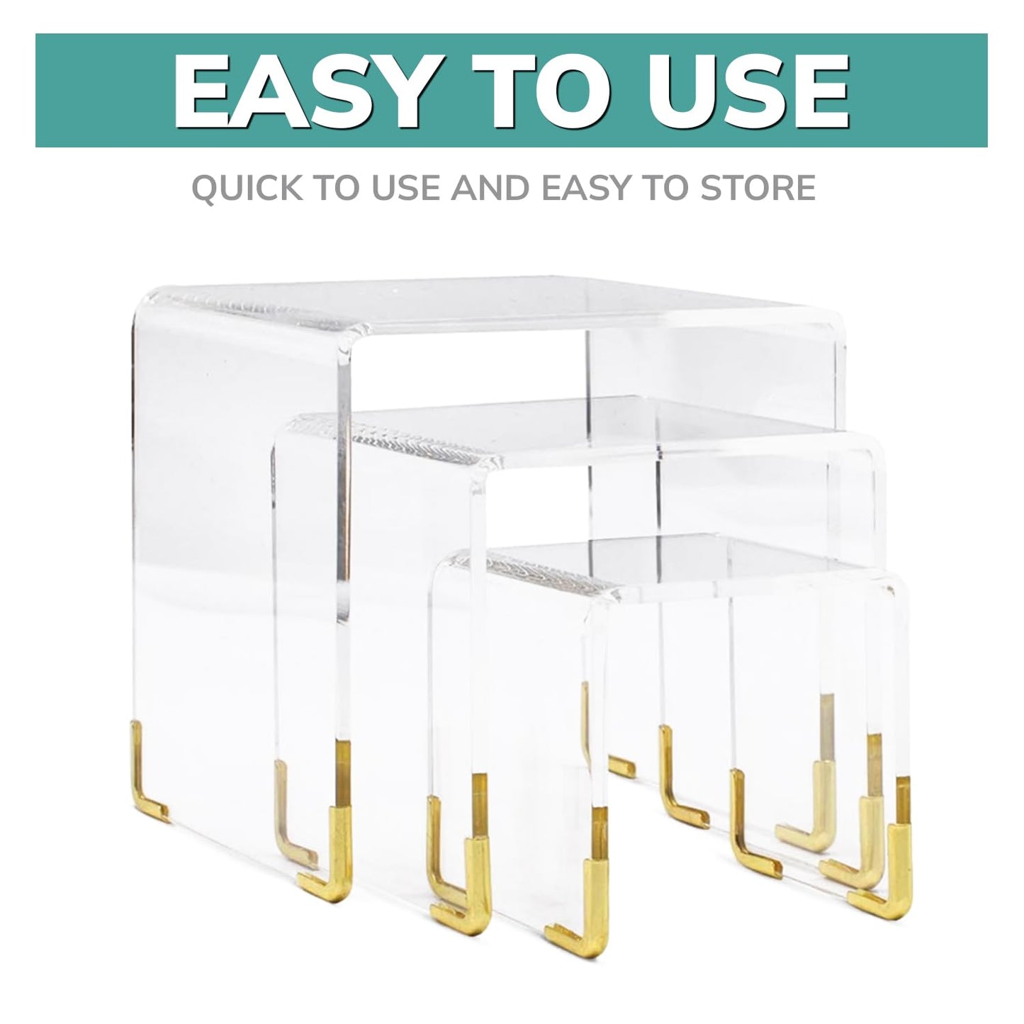 pbf Acrylic Display Risers w/ Gold Accents | 3 Tier Perfume Stand Organizer | Clear Acrylic Shelf Riser | Layered, Tiered Acrylic Display Stands for Collectibles, Fragrance Holder, Skincare Stand