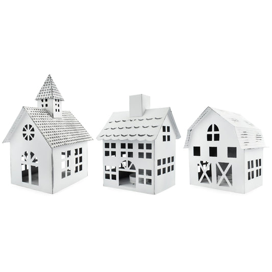 AuldHome Design Farmhouse Christmas Village Collection #2 w/Church, Barn and School (Set of 3, White); Candle Lantern Decorative Christmas Town Display