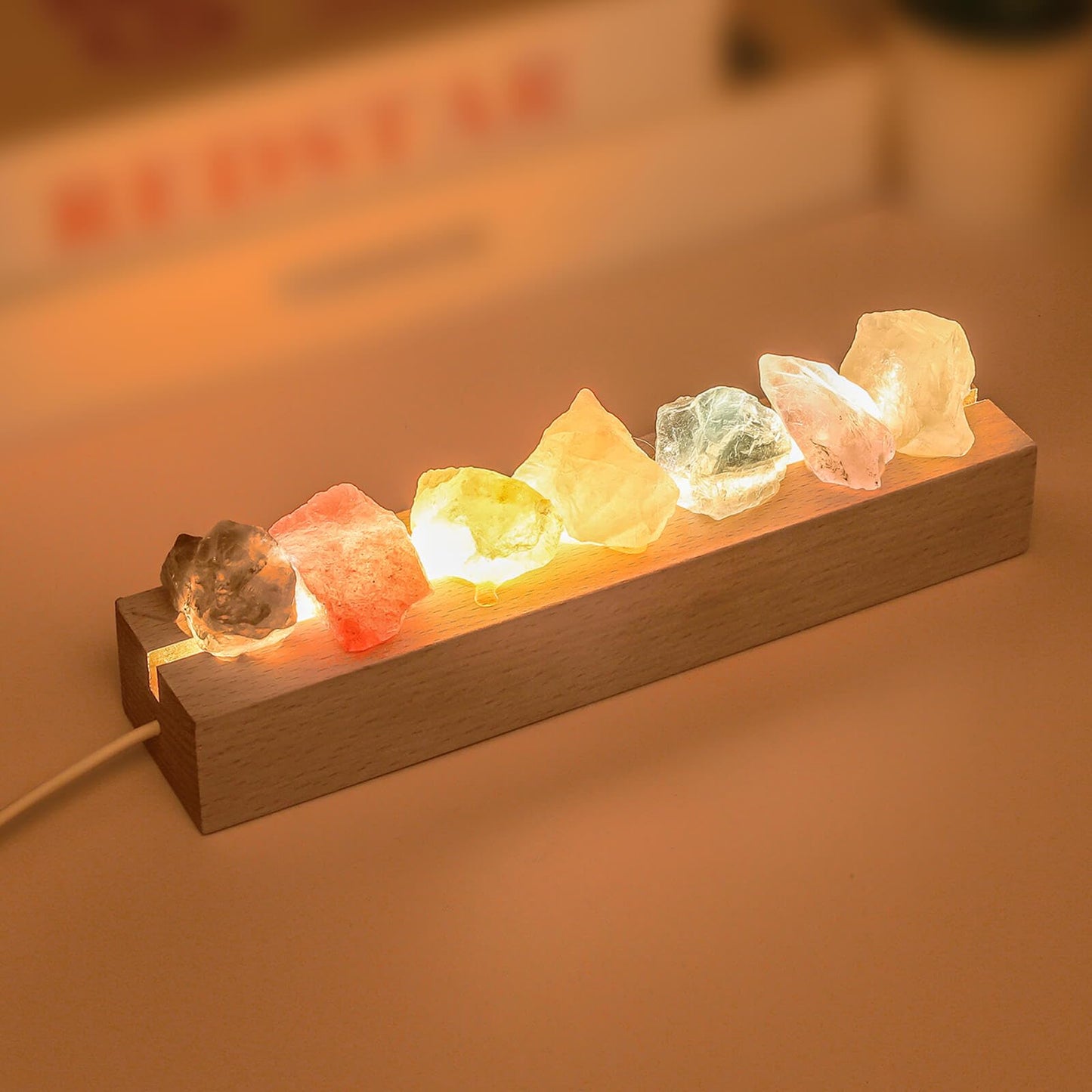 HYAMVOR Healing Crystal Night Light,7 Chakra Stones Bedside Lamp,Mood Light with Wooden LED Light Base,Healing Stones Positive Energy Night Light for Home Decor Gifts (Plug-in)