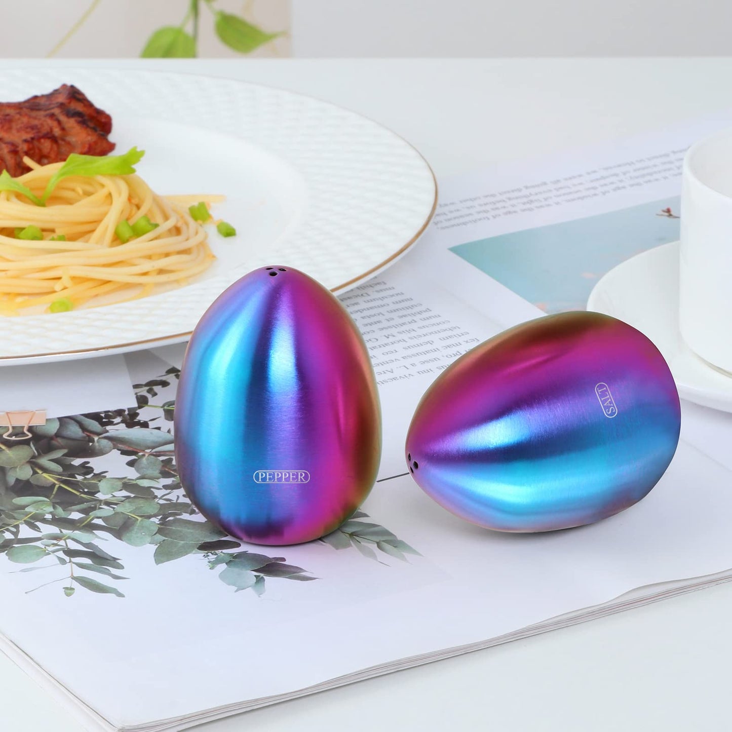 2-Piece Set Rainbow Salt Pepper Shakers, Cute Egg Shape Stainless Steel Condiment Jar for Home and Kitchen Utensils, Comfortable and Ergonomic