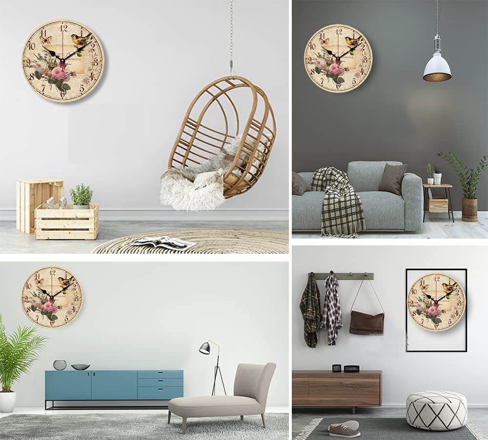 12 Inch Silent Wall Clock Battery Operated Vintage Wooden Round Non-Ticking