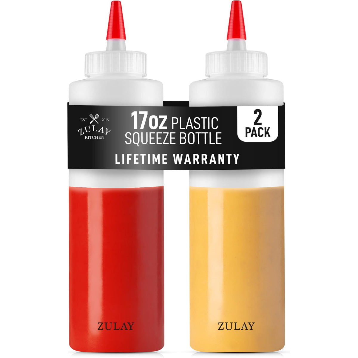 Zulay 2-Pack Squeeze Bottles for Sauces & Condiments - 17oz Squirt Bottles with Small Pointed Nozzle and Cap - BPA-Free, Leak-Proof, Reusable Plastic Dispenser for Ketchup, Mayonnaise, Oil