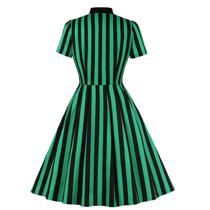 Wellwits Women's Tie Neck Halloween Gothic Black and Green Stripe Vintage Dress L