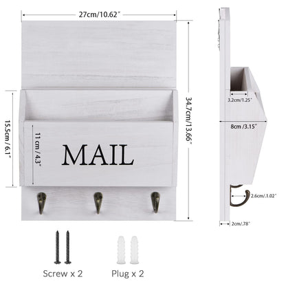 DLQuarts Mail Organizer with Key Holder for Wall Decorative Mail Sorter Wall Mounted, Wooden Mail Holder with 3 Hooks, White