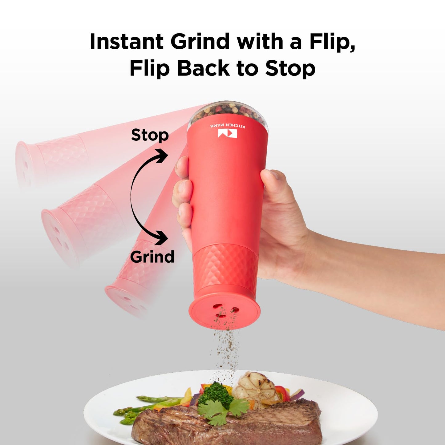 Kitchen Mama FlipTastic Rechargeable Salt and Pepper Grinder – Gravity Electric Grinder, Pepper Mill, Adjustable Coarseness, One-Hand Operation, Refillable Salt and Pepper Mill for Kitchen (Red)