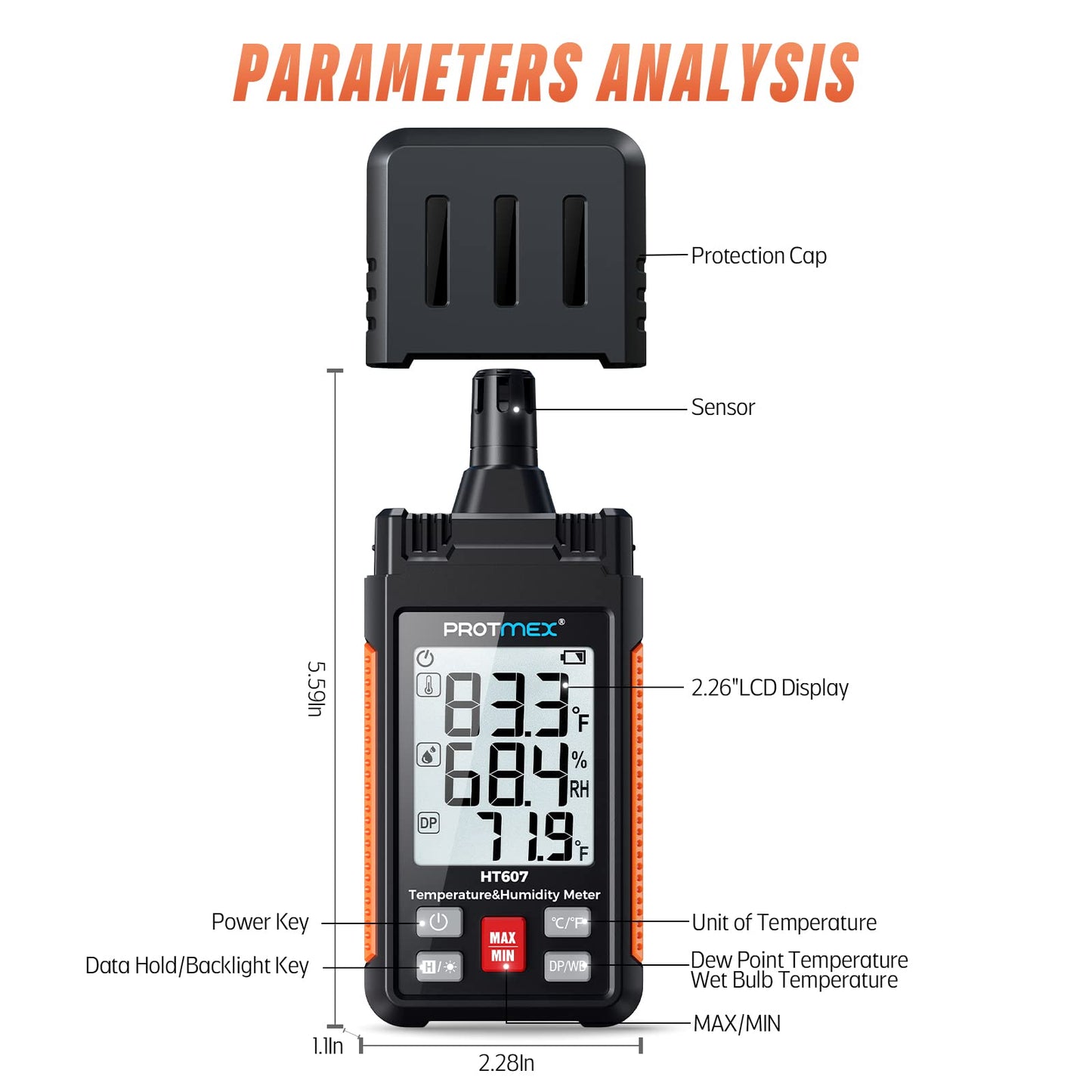 Protmex HT607 Temperature Humidity Meter High Precision Digital Hygrometer with Ambient, Relative Humidity, Dew Point, Wet Bulb Thermometer, Min/Max Hold, LCD Backlight with Cover Protector