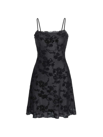 Verdusa Women's Mini Dress Floral Spaghetti Strap Mesh Dresses Going Out Festival Concert Outfits Grunge Gothic Clothes Black Multi Small