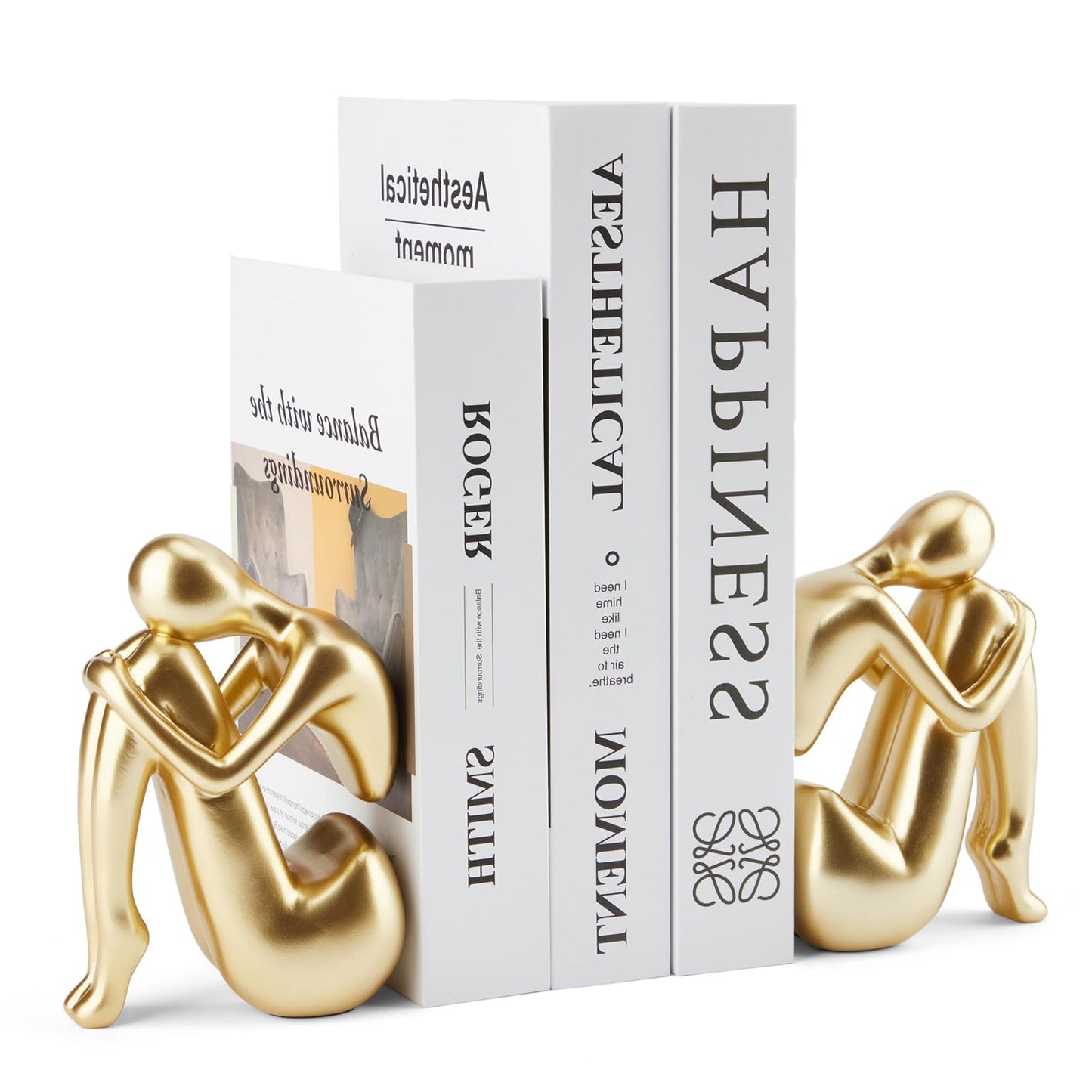Xmeden Gold Bookends Book Ends, Unique Decorative Girl Thinker Design,Non-Slip Home Office Bookshelf Decor, Modern Book Holder for Shelves, Heavy Duty Resin Book Stopper for Books,1Pair/2Piece